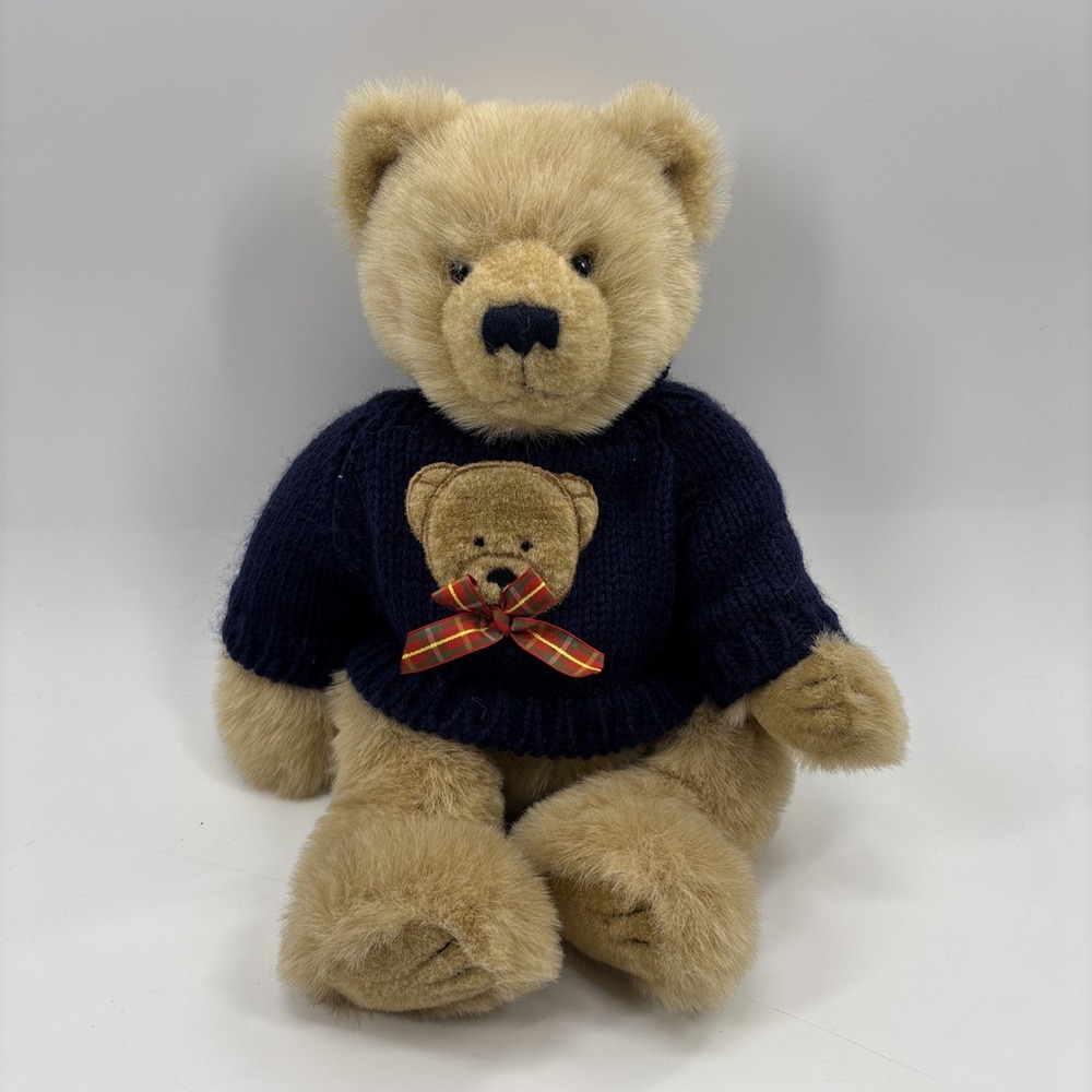 Vintage Ganz Heritage Collection 16" Tan Beige Teddy Bear Blue Knit Sweater